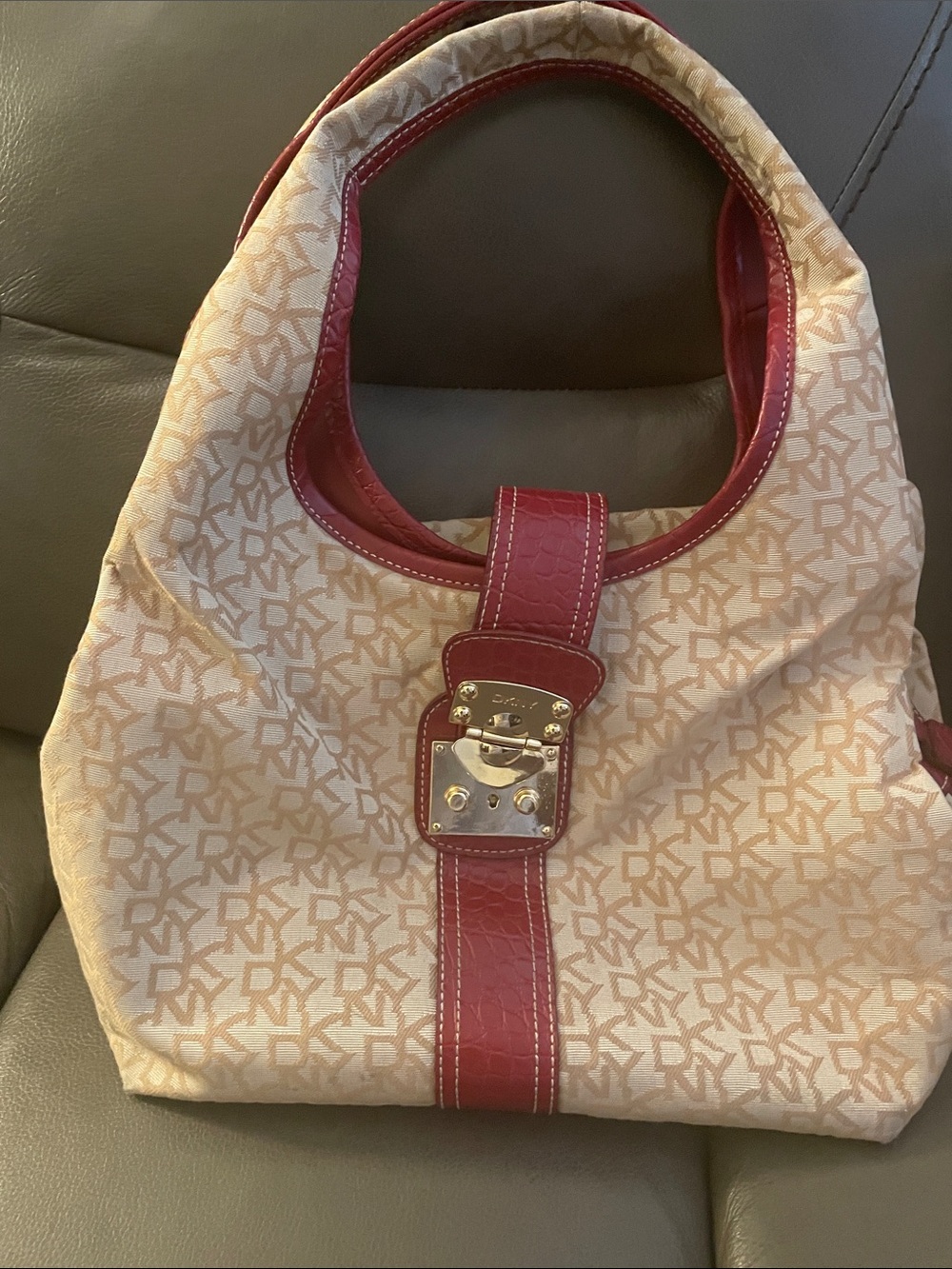 Dkny Beige Canvas Shoulder Bag with Red Trim and Logo